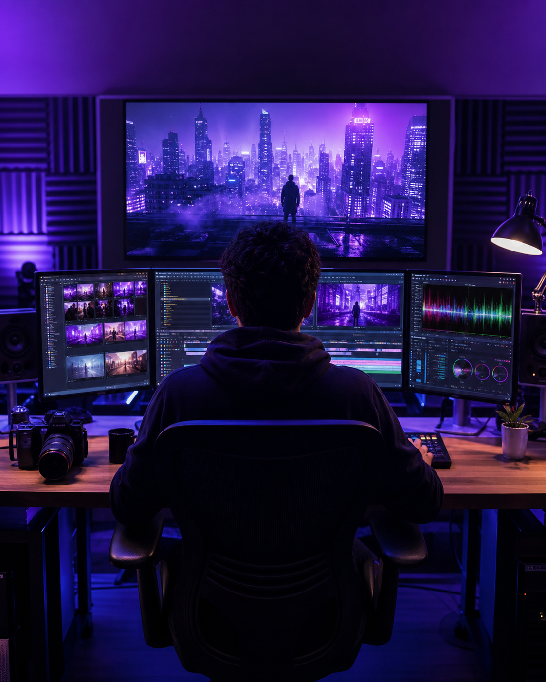 Freelance Video Editor an einem violett beleuchteten Arbeitsplatz