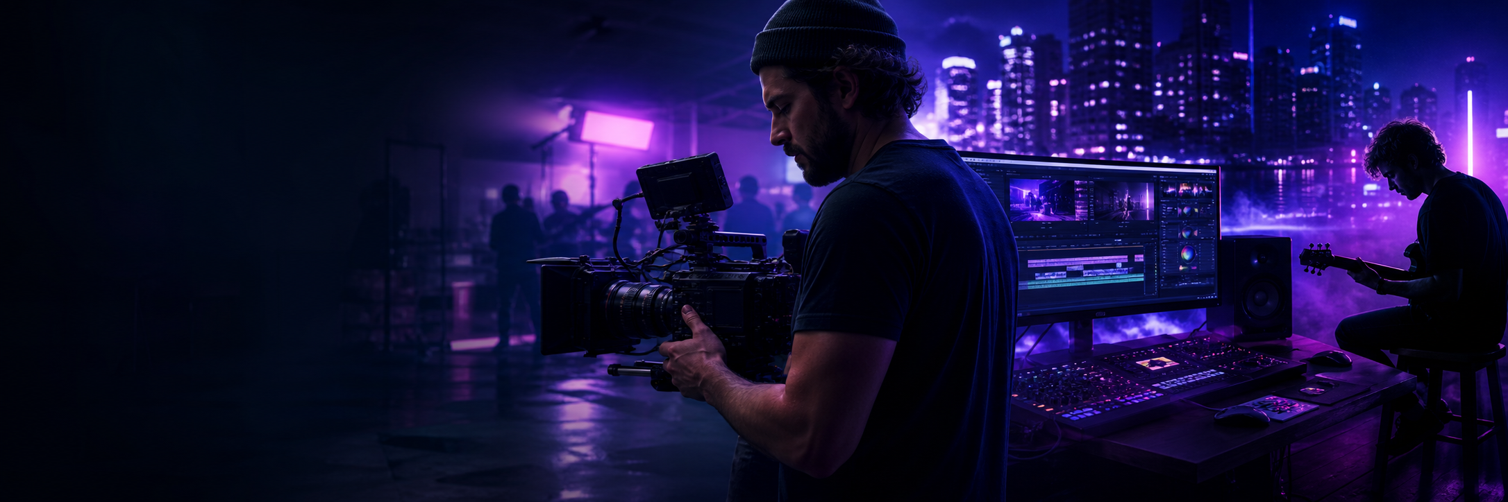 Cinematische Produktionsszene mit Kamera, Editing-Suite und Musiker