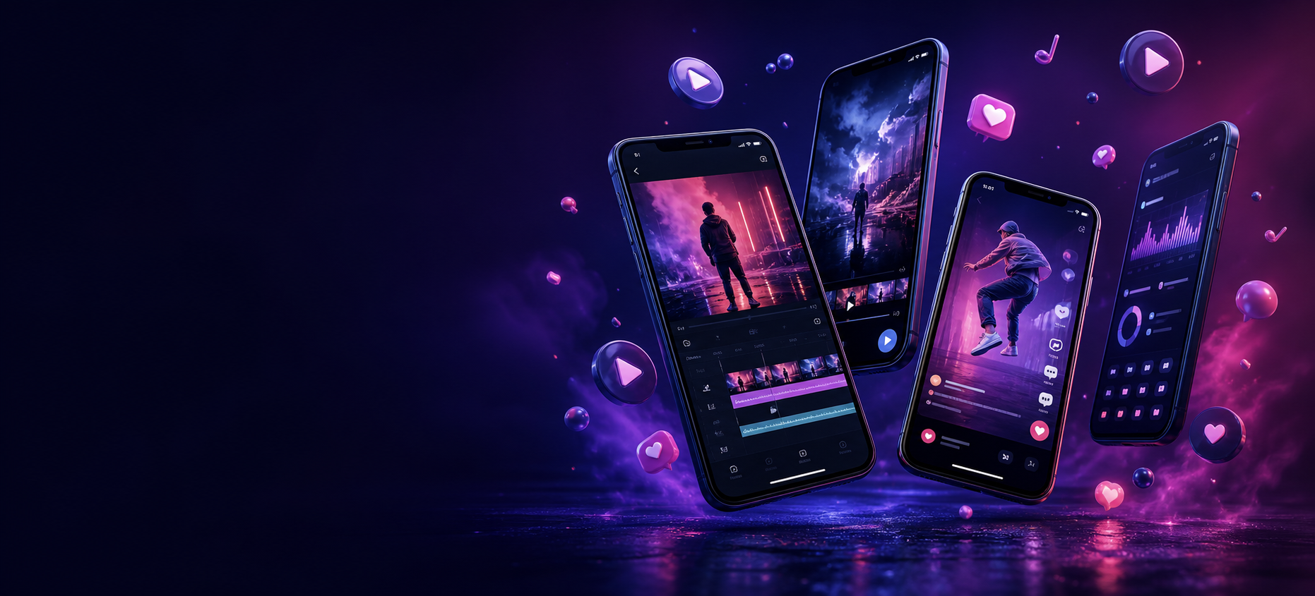 Smartphones mit Social-Media-Videos und Editing-Oberflächen