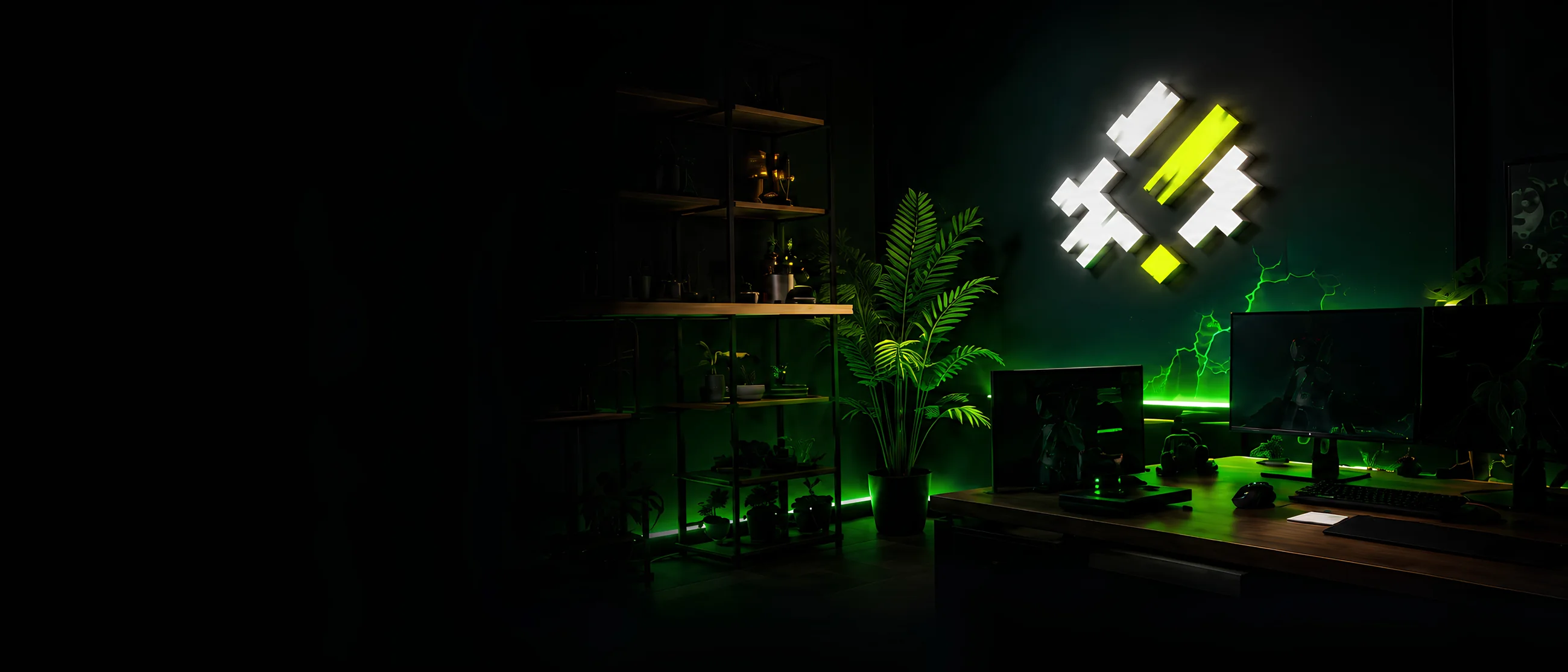 Dunkles CutterKomben Studio mit grüner Beleuchtung